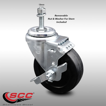 Service Caster 4 Inch SS Soft Rubber Wheel Swivel 10mm Threaded Stem Caster with Brake SCC SCC-SSTS20S414-SRS-TLB-M1015